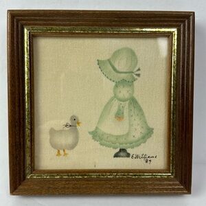 Vtg 1989 Theorem Painting Country Girl Green Dress Goose 6x6 SIGNED folk art